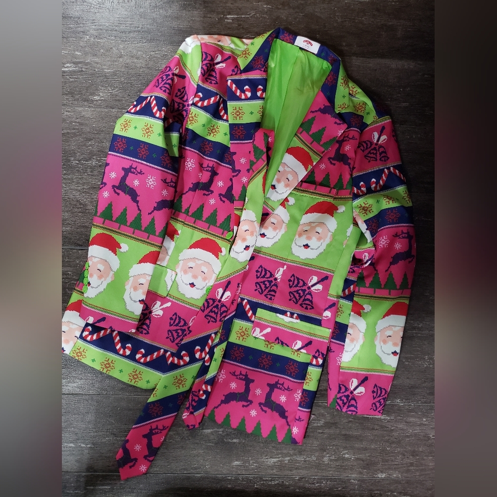 Holiday Time Mens L 42-44 Neon Santa Blazer w/ tie.